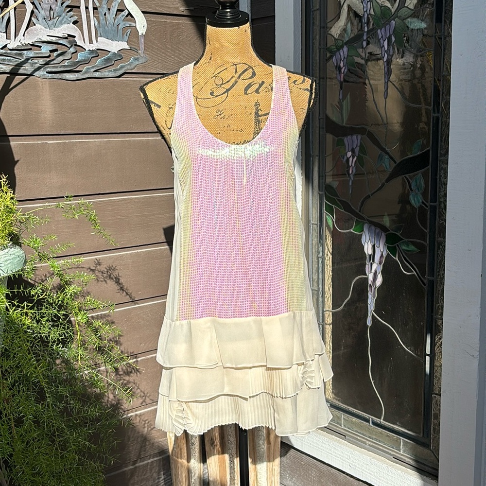 Silk Sequin Chiffon Racerback Gardenia Mini Dress Size XS